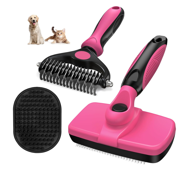 Shiny Coat 3-in-1 Grooming Kit – Self-Cleaning Slicker, Dematting Comb & Bath Brush